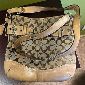 Coach Beige and Brown Signature Shoulder Bag